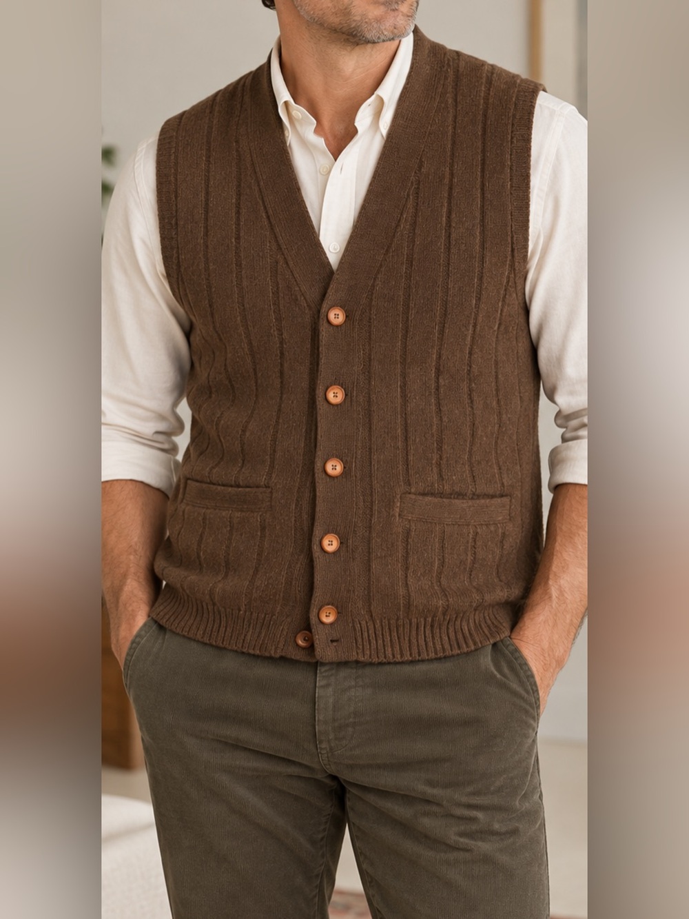 Vintage Chess King Men’s 100% Shetland Wool Sweater Vest Brown M Button Front